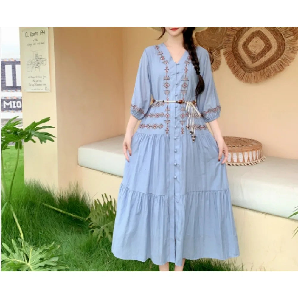Print Button Front V-Neck Beach Dress