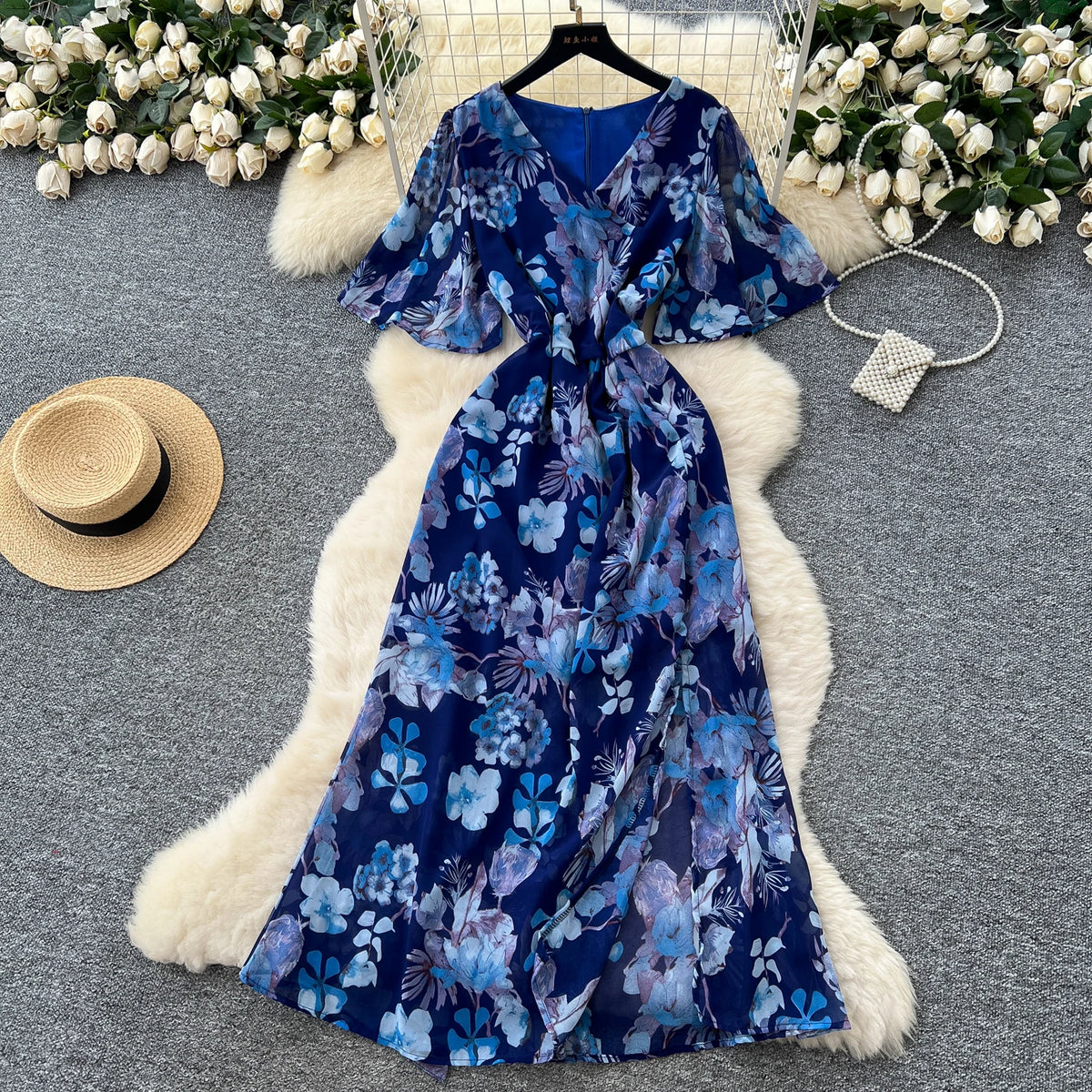Split V-Neck Short Sleeve Boho Dress