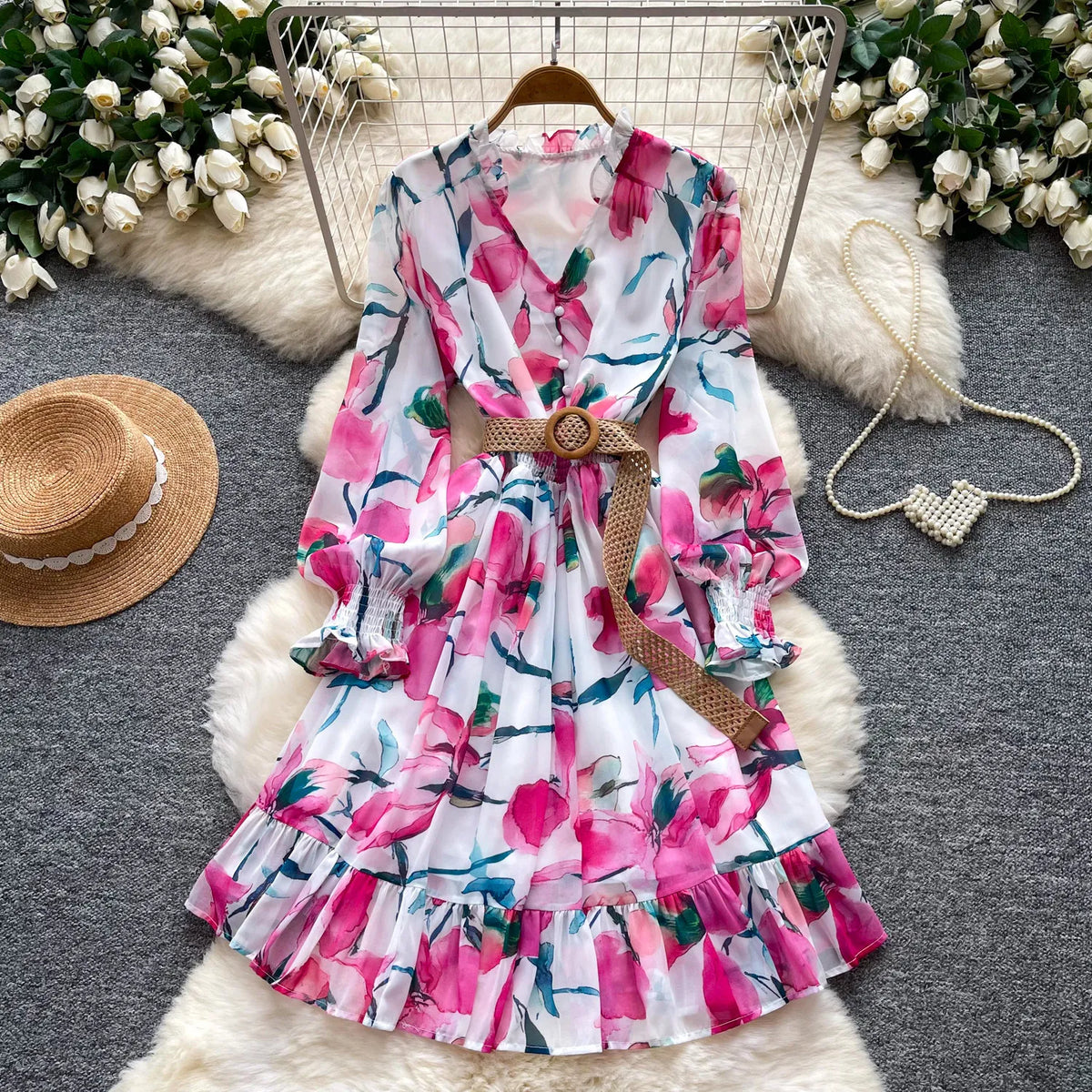 Print Chiffon Lantern Sleeve Midi Dress