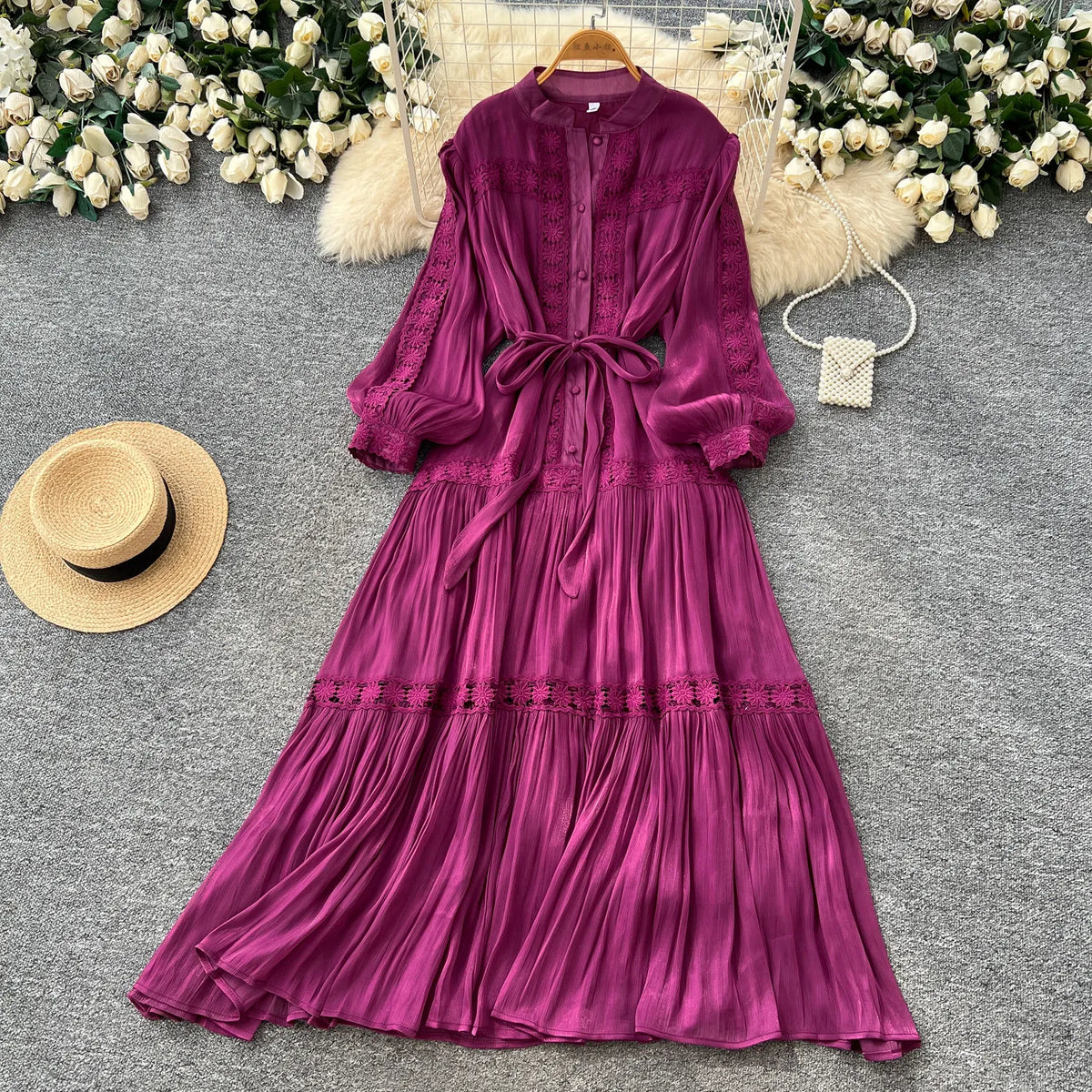 Jacquard Puff Sleeve Ruffle Swing Dress