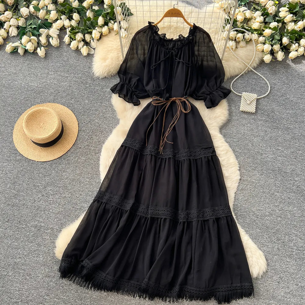 Pleated Ruched Lace-Up Short Sleeve Dress