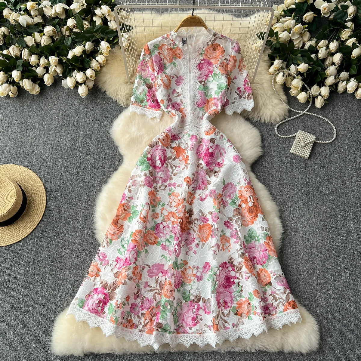 French Lace Patchwork Print Maxi Dress