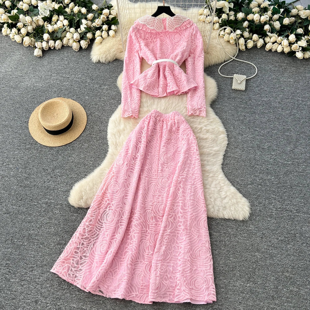 Beaded Collar Top and Pleated Skirt Set