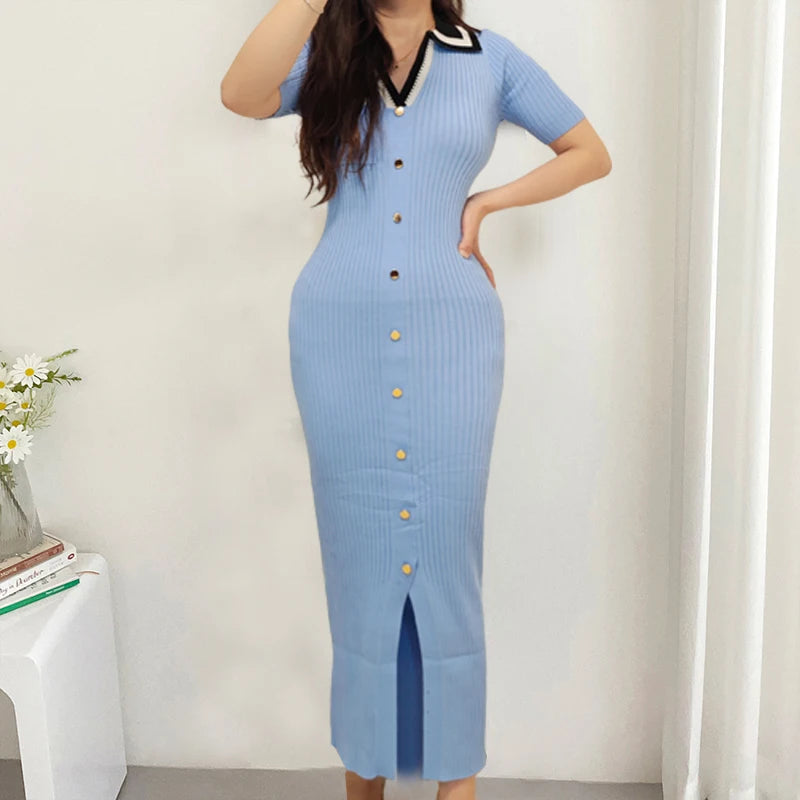 Embroidered Button Wrap Bodycon Maxi Dress