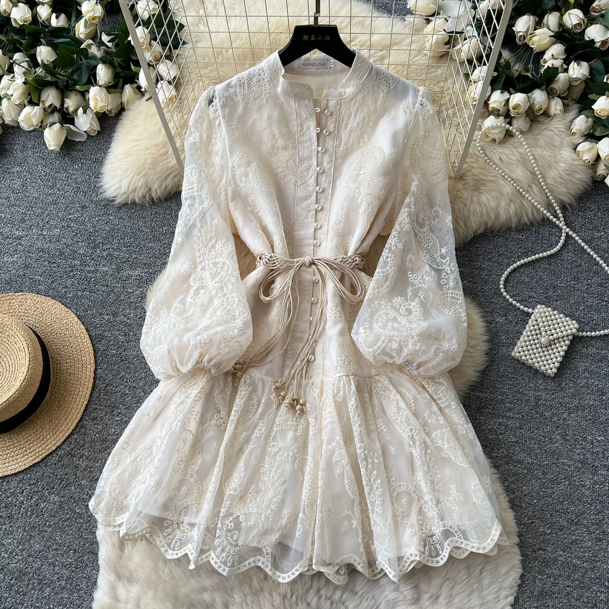 Embroidered Puff Sleeve A-Line Mini Dress