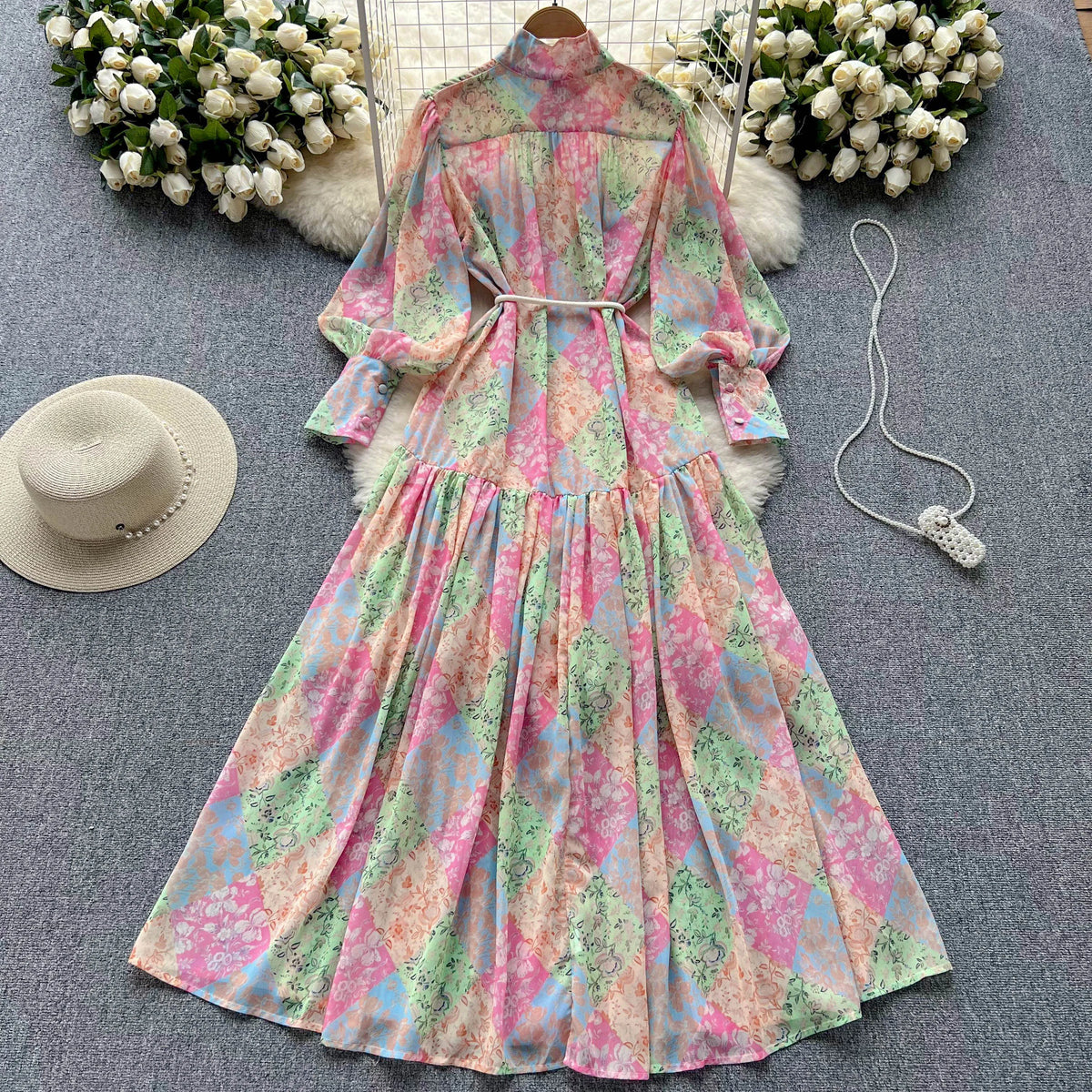 Chiffon Stand Collar Lantern Sleeve A-Line Dress