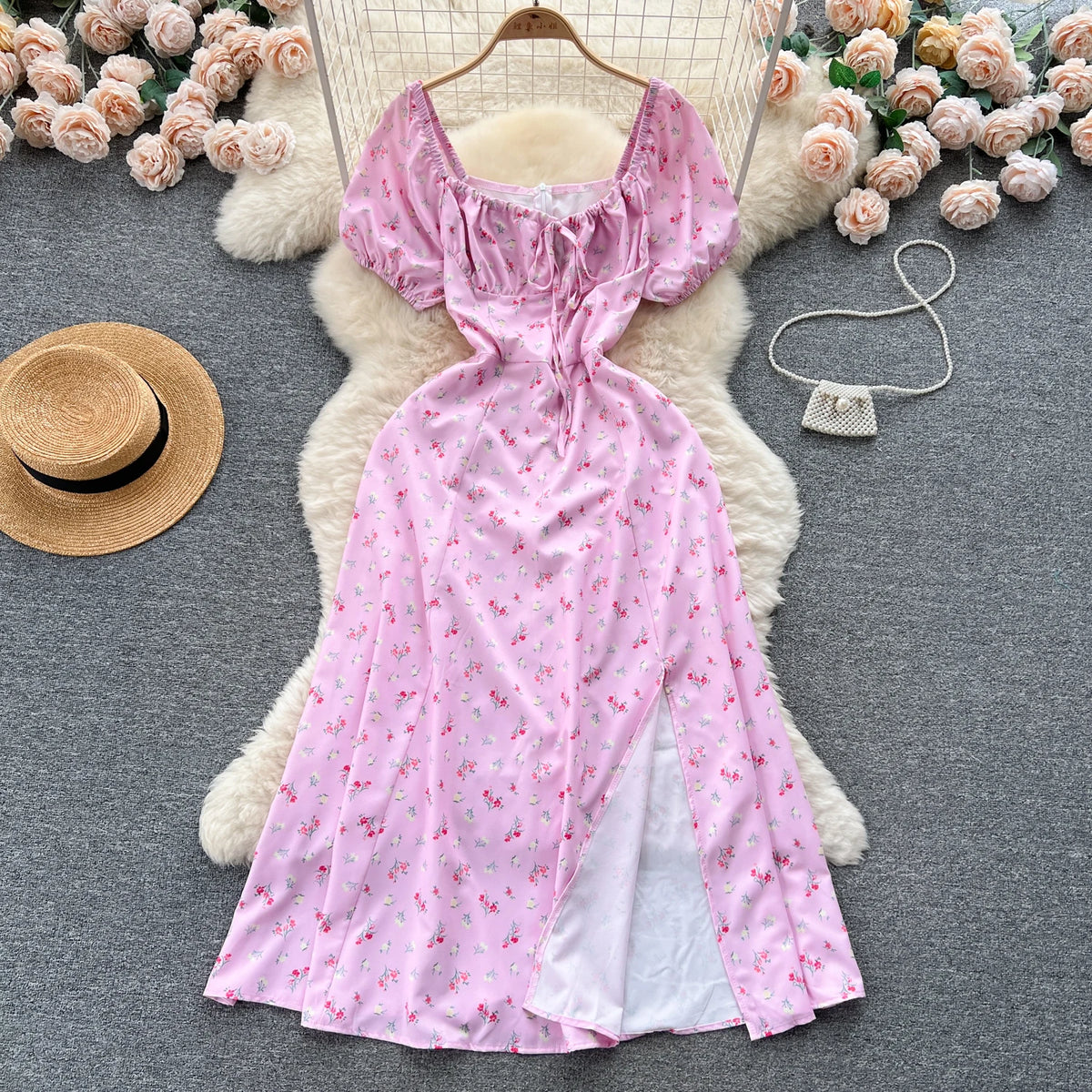 Print Square Neck Puff Sleeve Split Dress