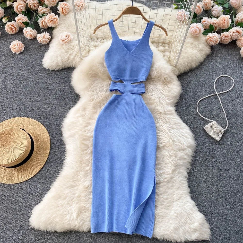 Cut Out Waist Split Knit Bodycon Dress