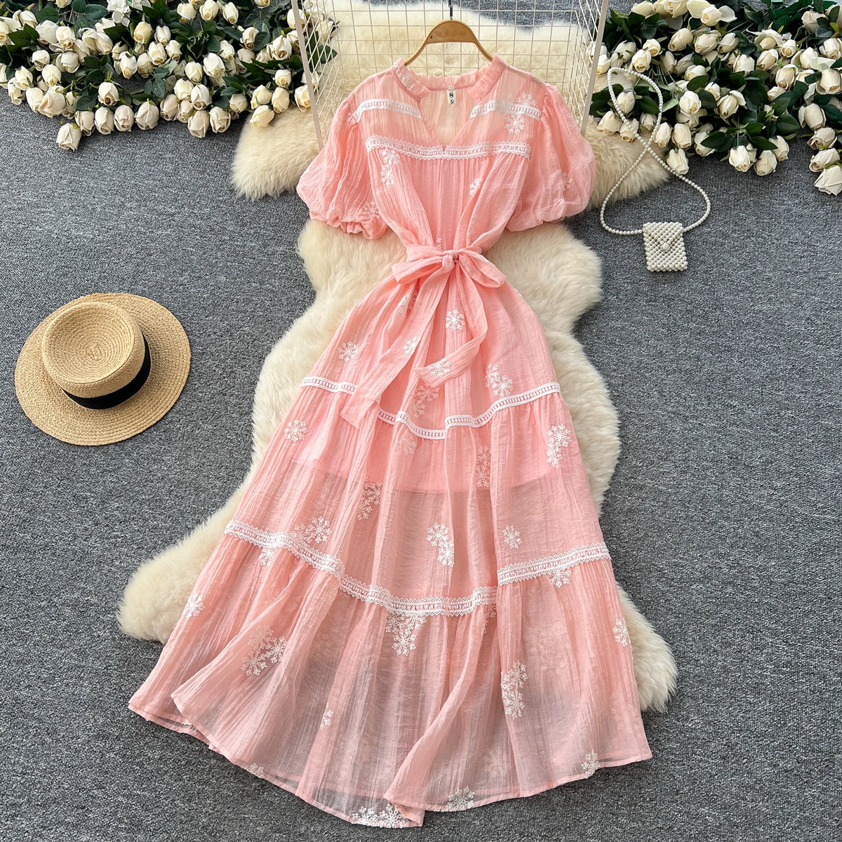 Embroidered Mesh V-Neck Boho Long Dress