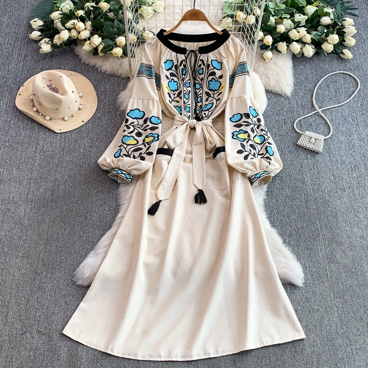 Lantern Sleeve O-Neck A-Line Dress