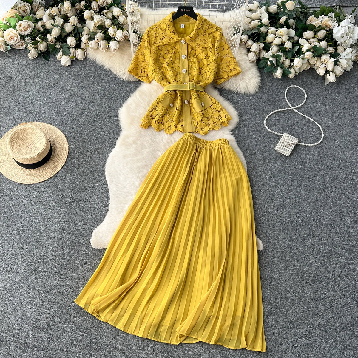 Lapel Shirt and Pleated Skirt Set