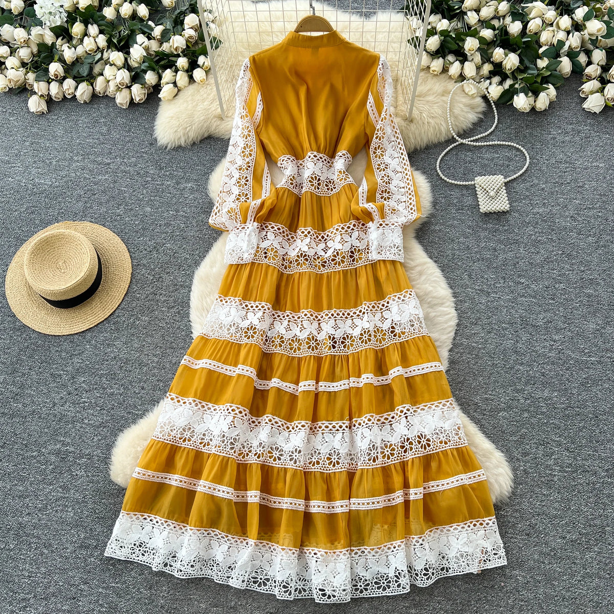 Lantern Sleeve Ruffle Paneled Maxi Dress