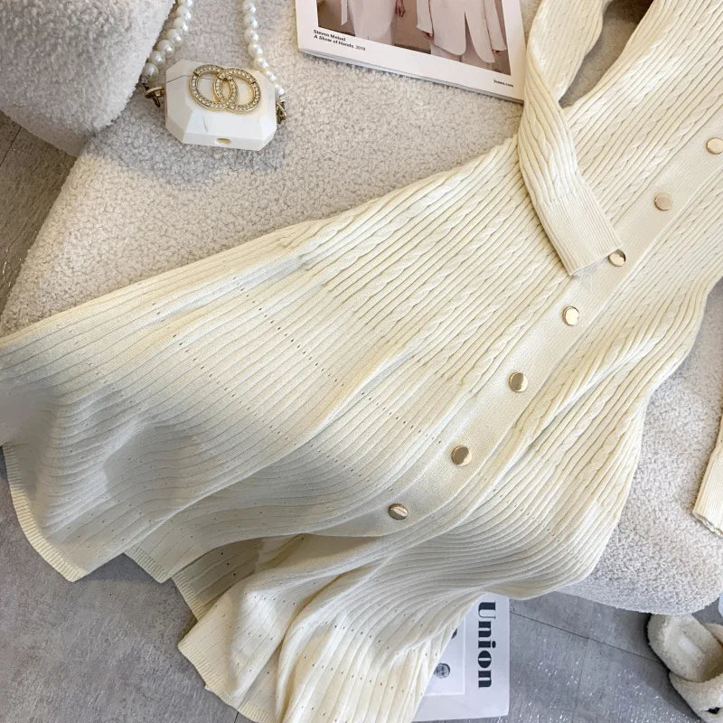 Notched Collar Long Sleeve Knit Maxi Dress