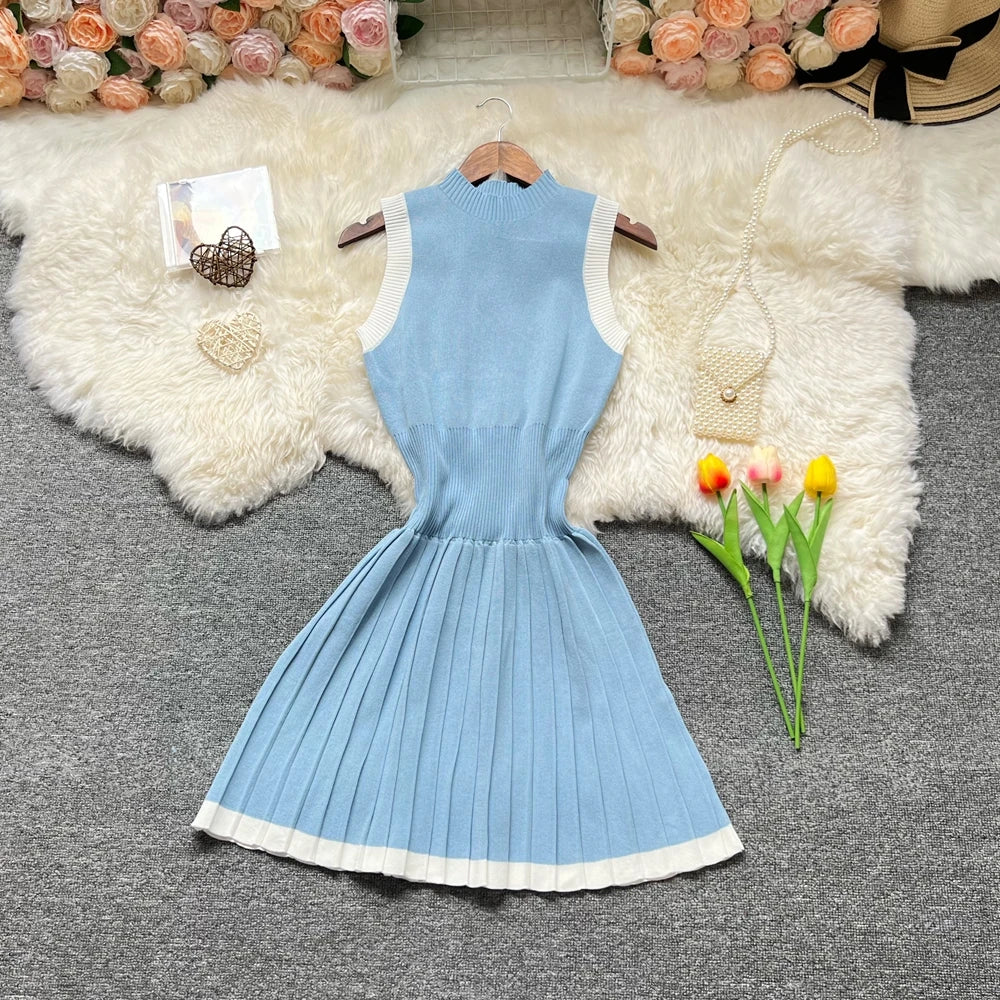 Pleated Knit A-Line Mini Dress