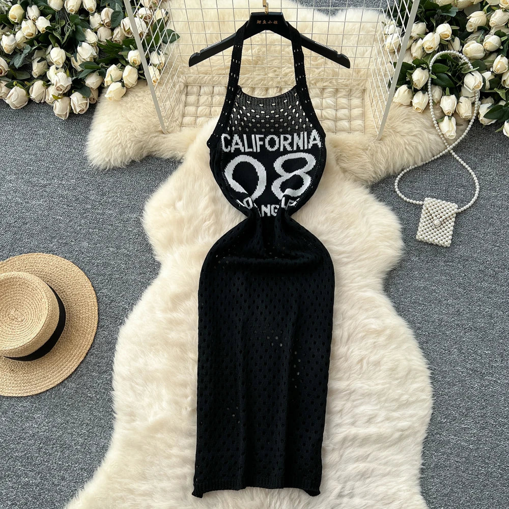 Letter Print Halter Knit Beach Dress