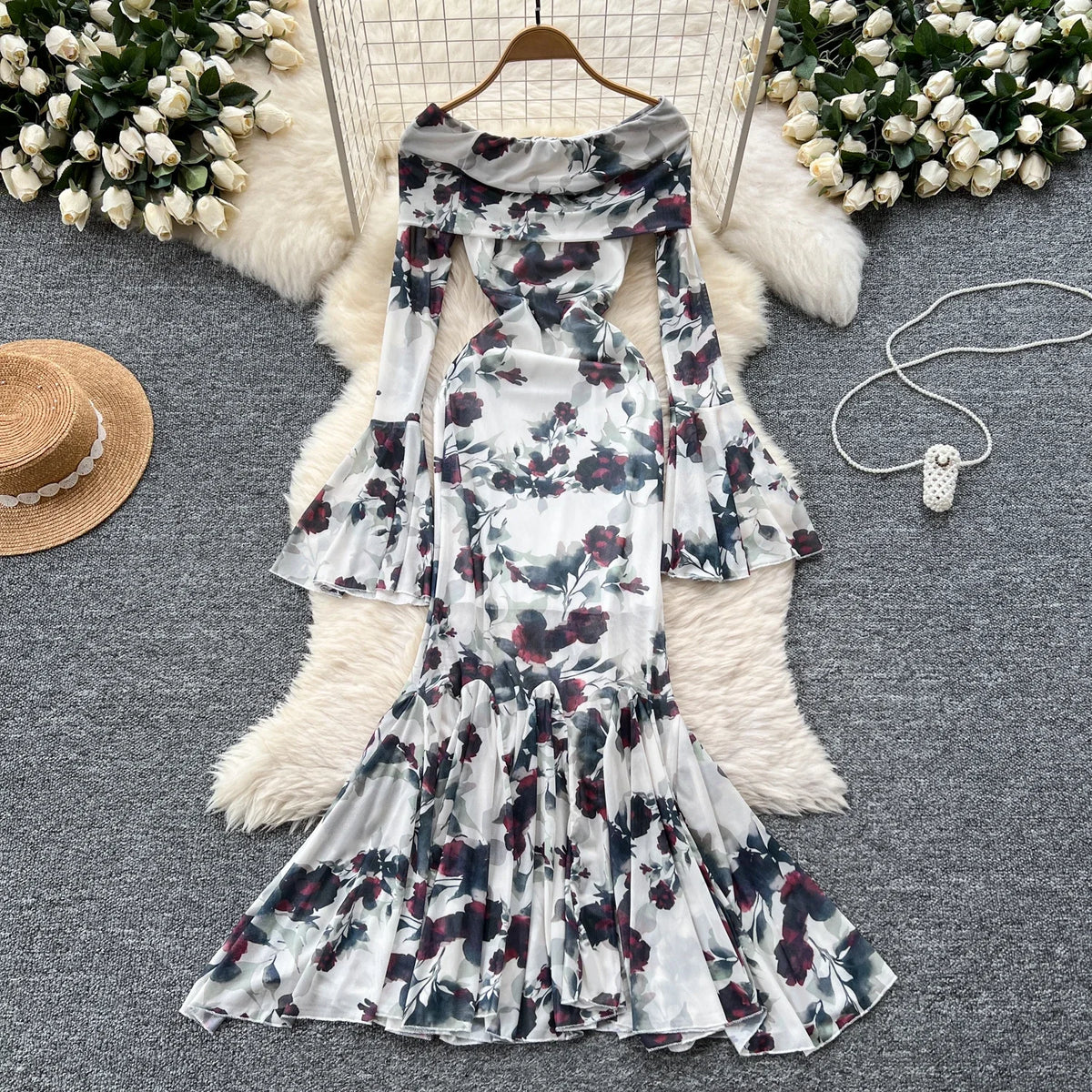 Rose Print Ruffle Collared Maxi Dress