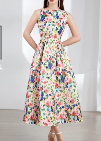 Belted Print Sleeveless A-Line Dress