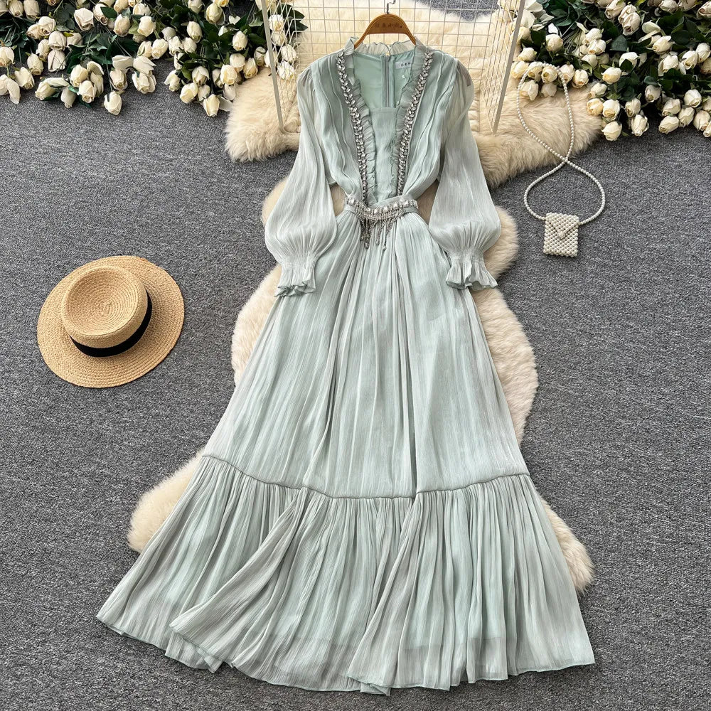 Rhinestone Ruched Puff Sleeve Pleated Dress