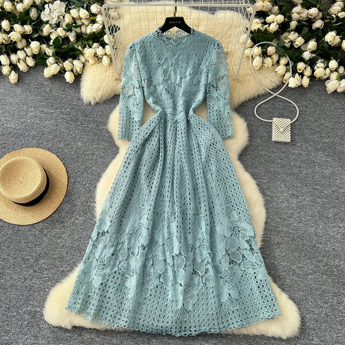 Crochet Floral Hollow Out Half Sleeve Dress