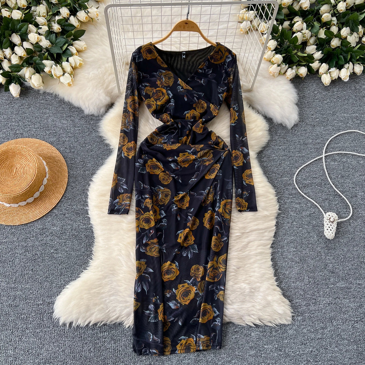 Pleated Mesh Print V-Neck Dress