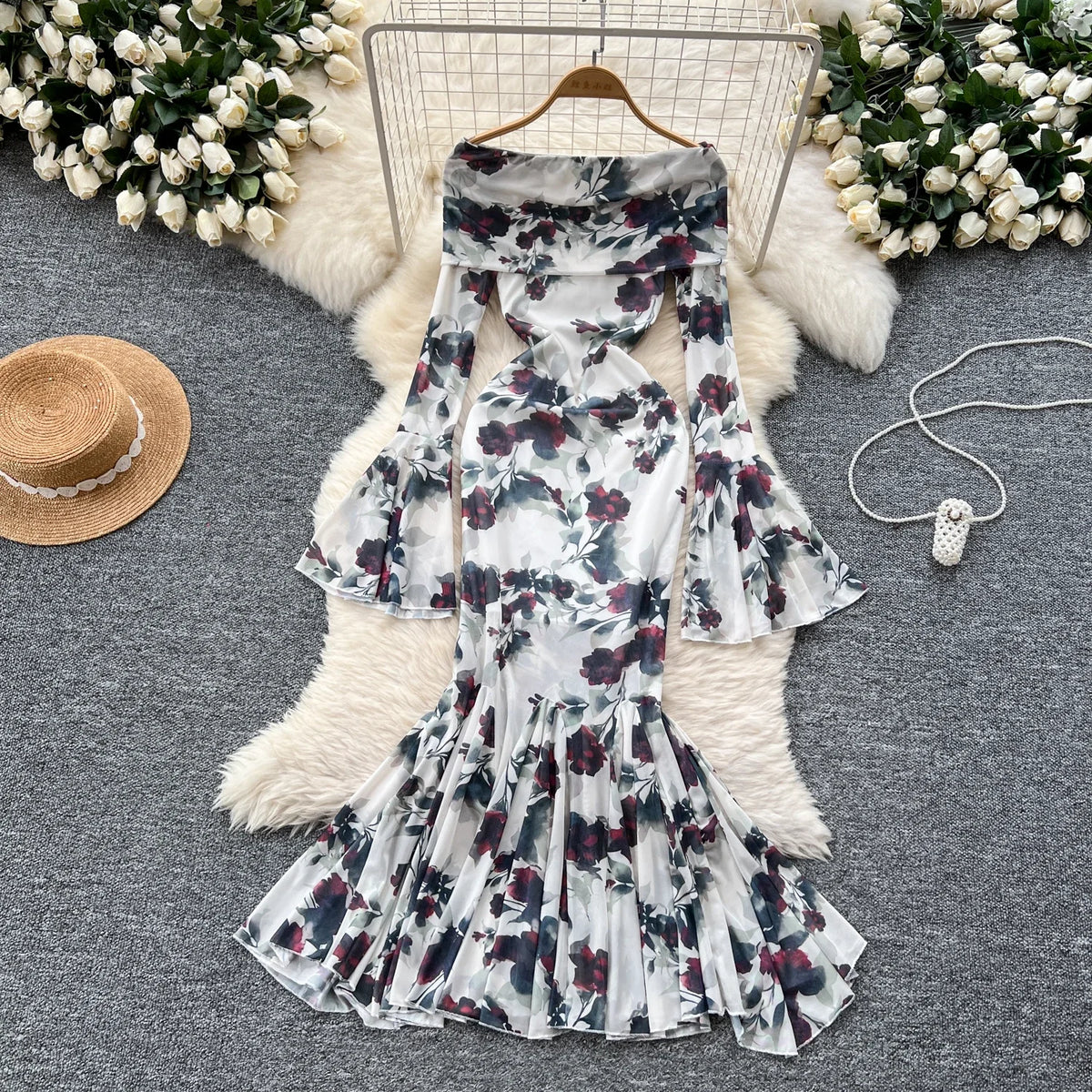 Rose Print Ruffle Collared Maxi Dress