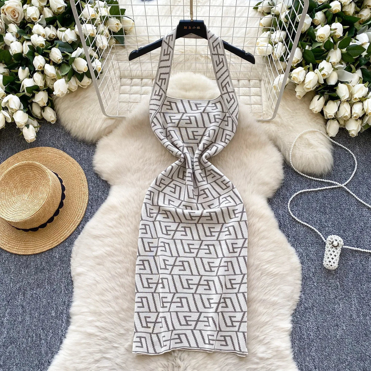 Letter Knit Halter Backless Mini Dress