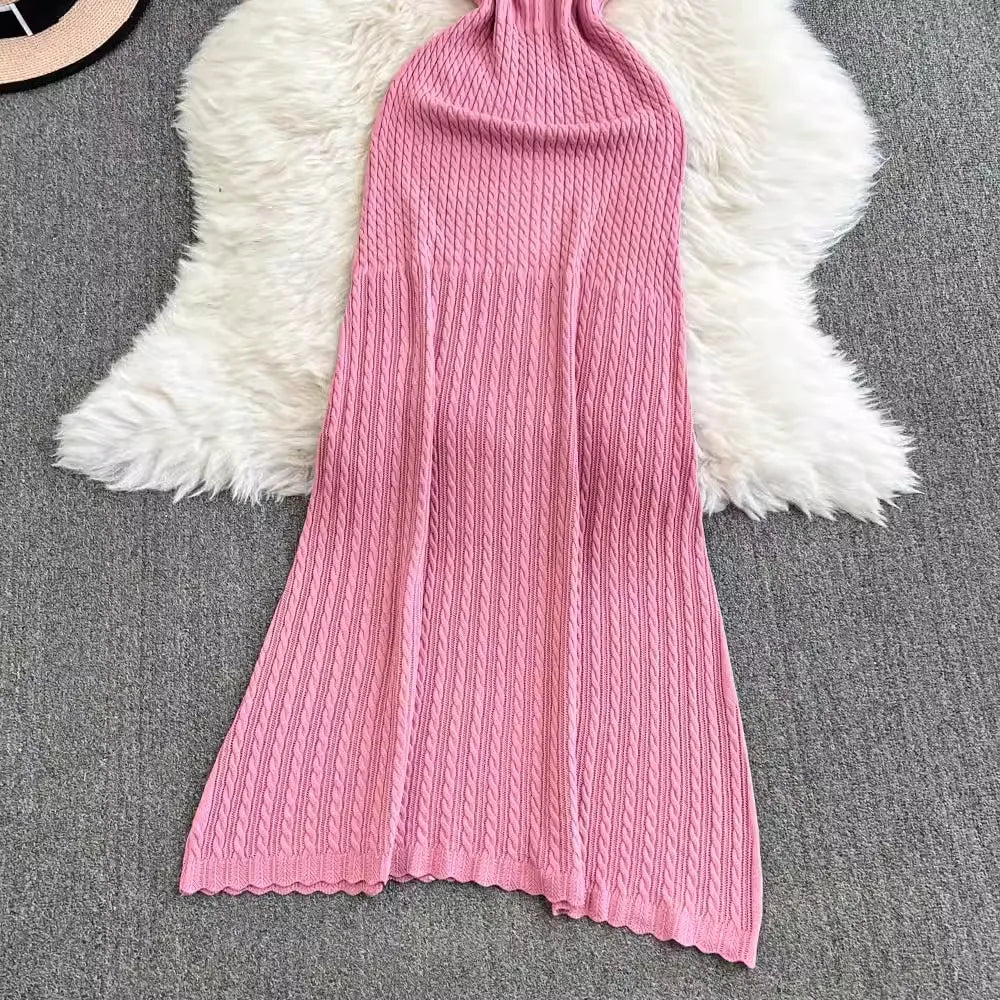 Patchwork Spaghetti Strap Knit Maxi Dress
