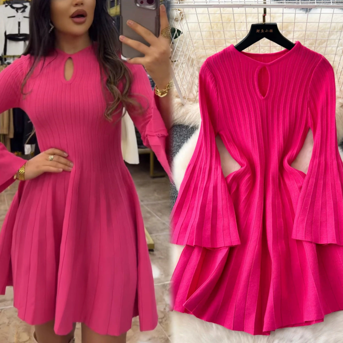 Flare Sleeve Knit A-Line Mini Dress