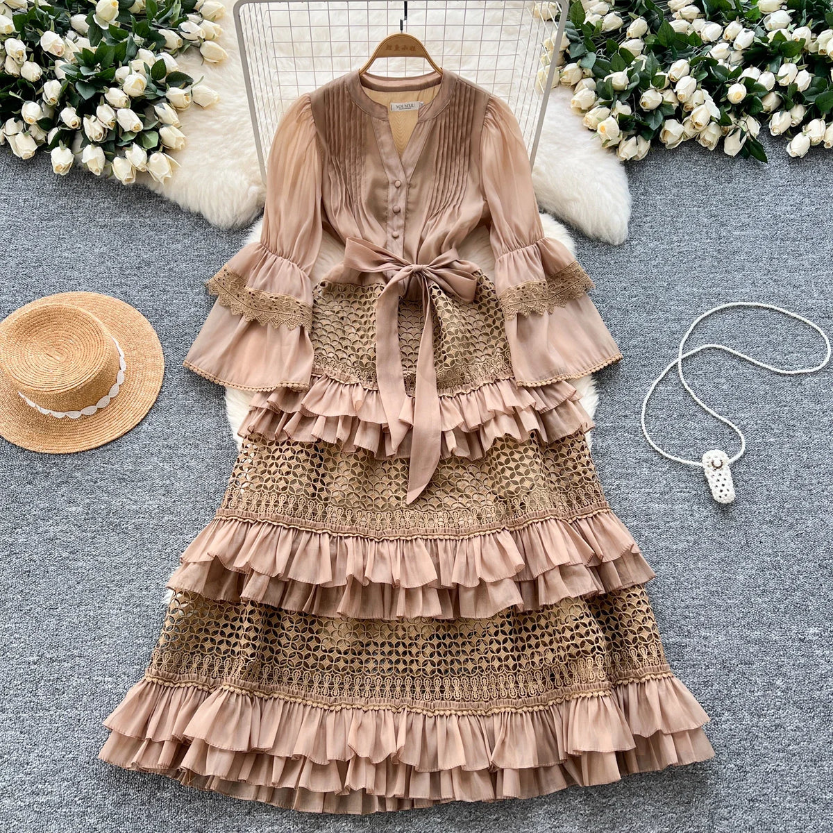 Lace V-Neck Flare Sleeve Tiered Maxi Dress