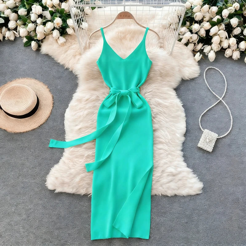 Belted V-Neck Split Knit Maxi Tank Dress
