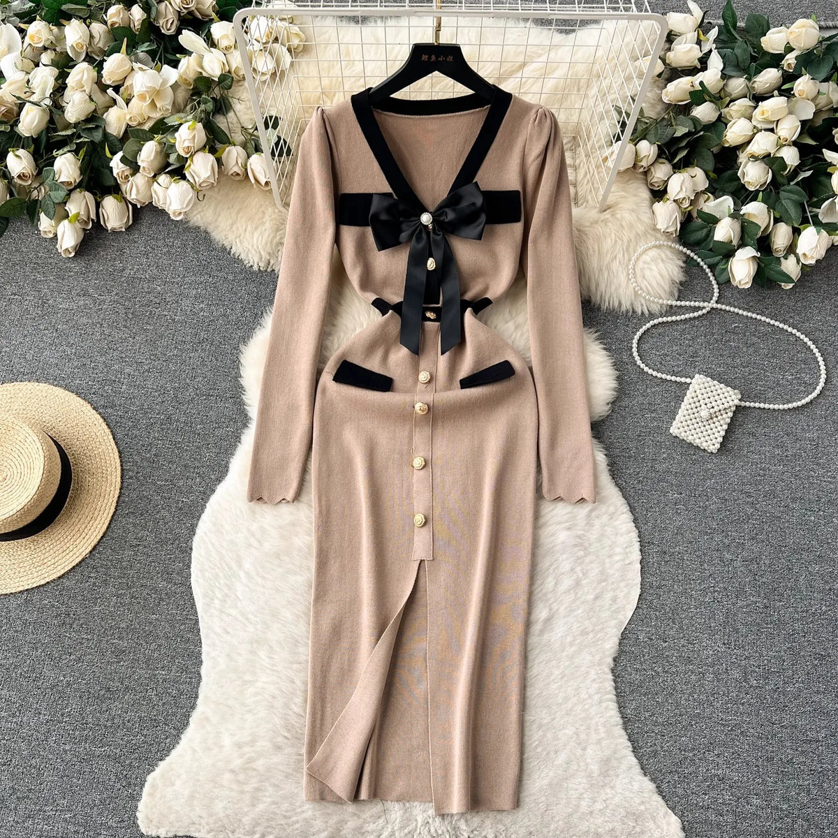 V-Neck Bow Front Slit Bodycon Dress