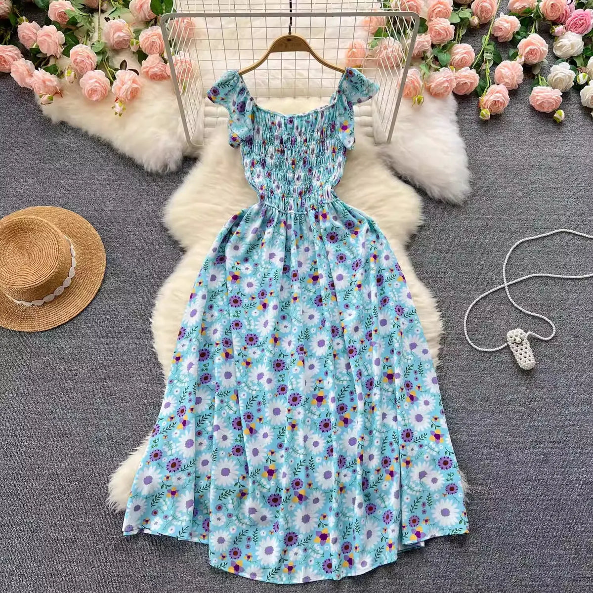 Floral Elastic Waist Swing Maxi Dress