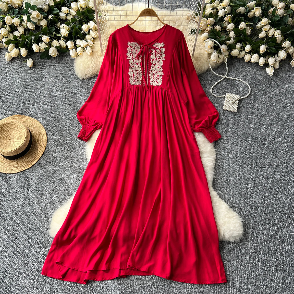 Embroidered Lace-Up Lantern Sleeve A-Line Dress