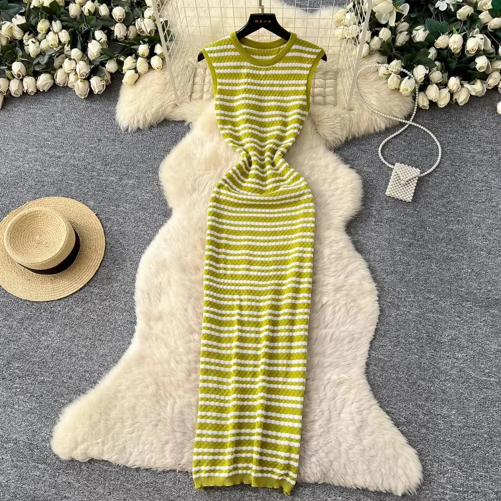 Striped Sleeveless Knit Maxi Tank Dress