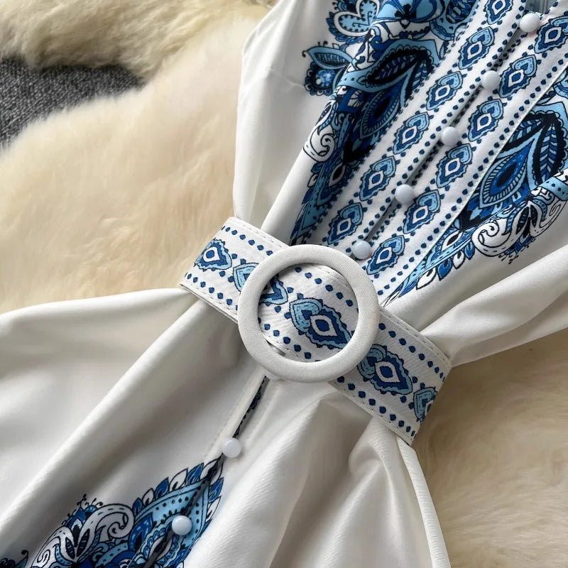 Print Flutter Sleeve V-Neck Long Dress