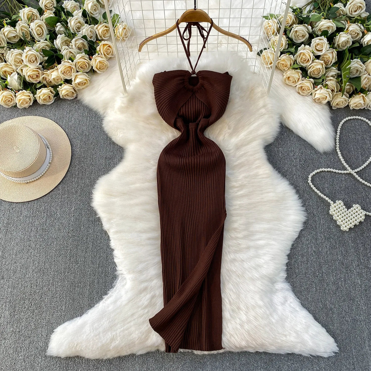 Halter Split Knit Bodycon Maxi Dress