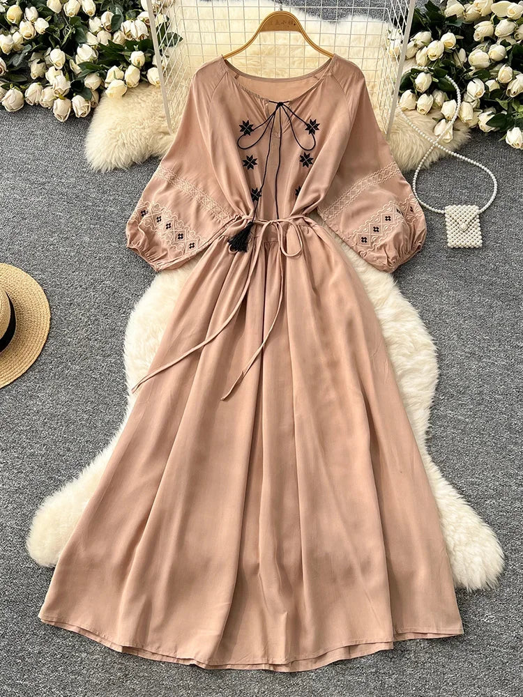 Embroidered Lantern Sleeve Boho Maxi Dress