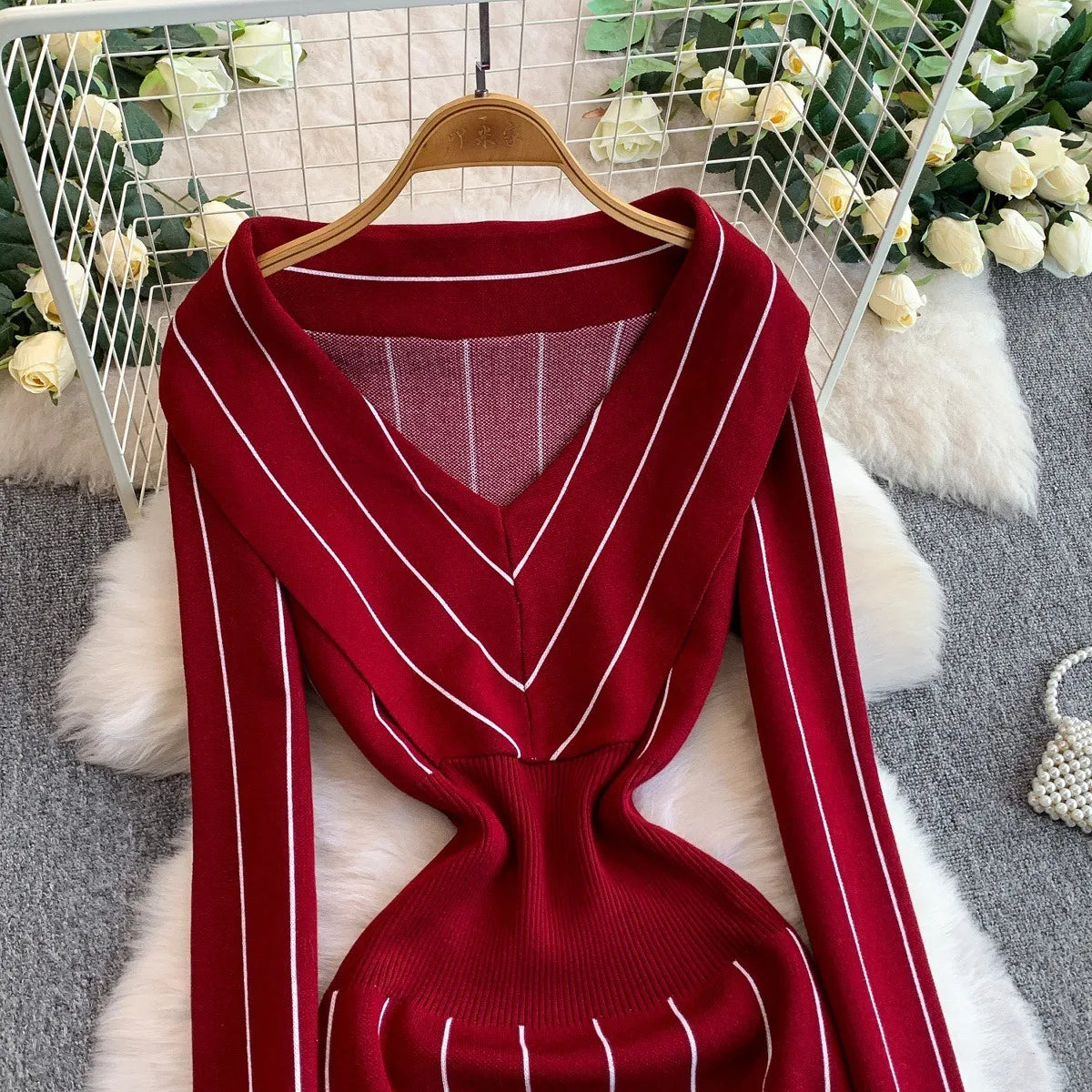V-Neck Knit Bodycon Sweater Dress