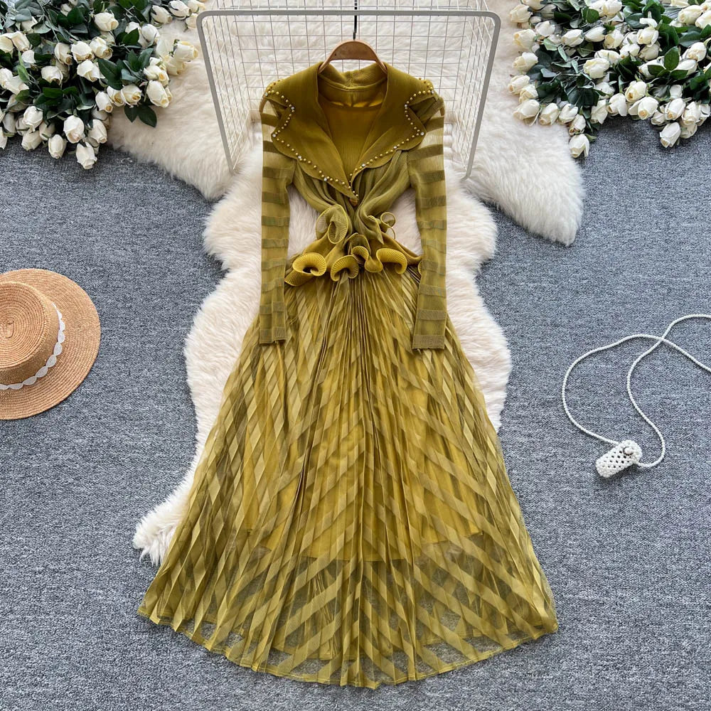 Notched Ruffle Long Sleeve Dress