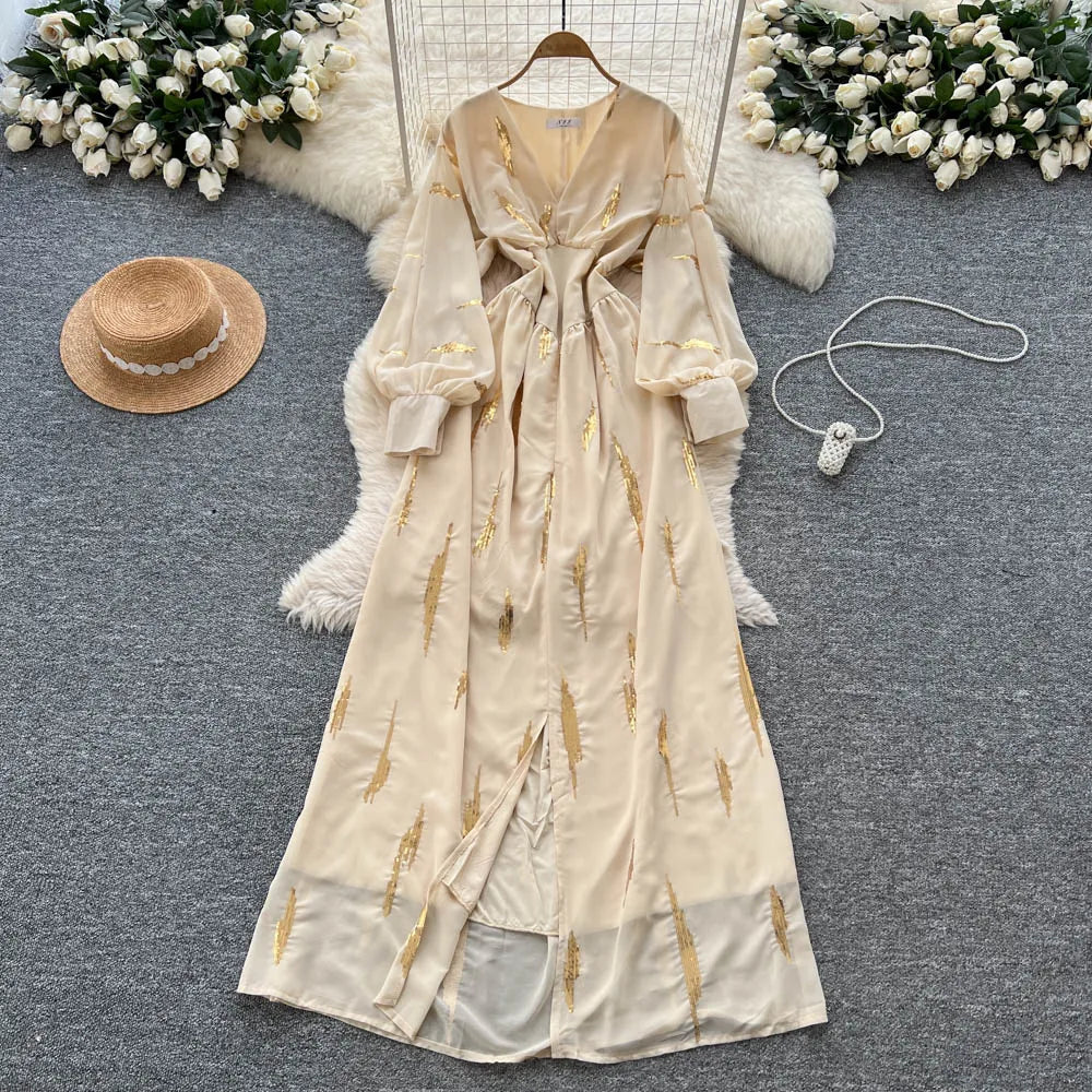 Embroidered Split V-Neck Long Sleeve Dress