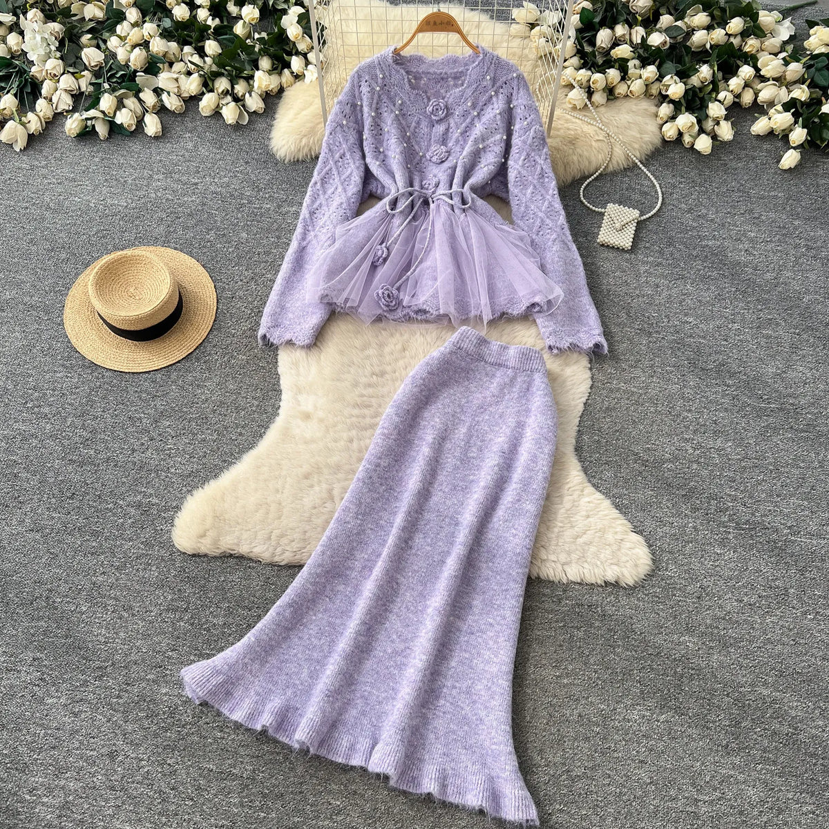 Apricot Knit Cardigan and Mesh Mermaid Skirt Set