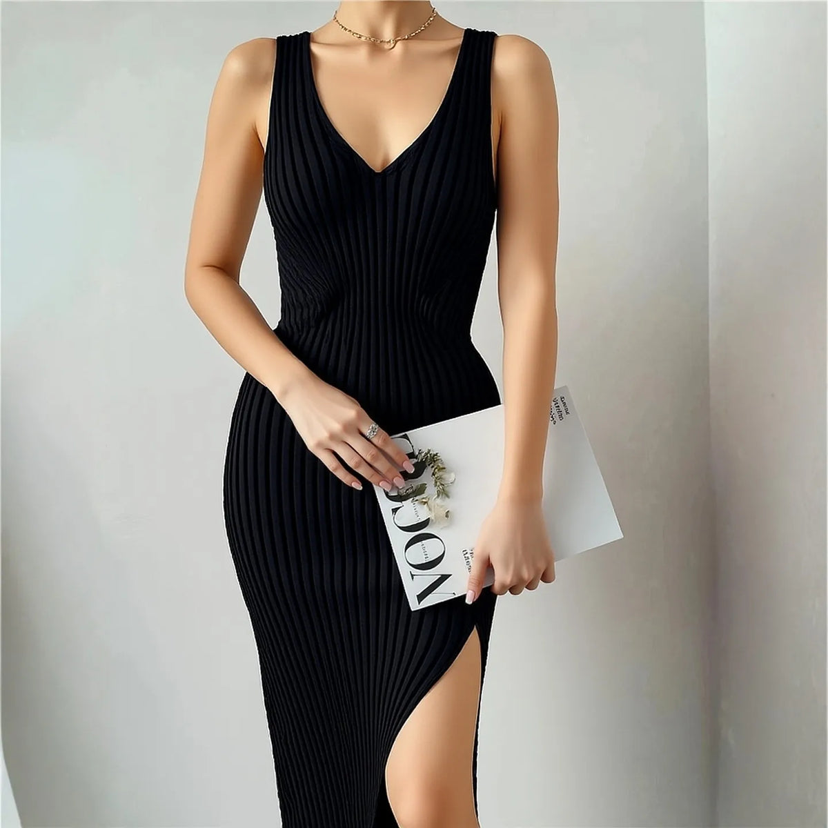 Ribbed Split Knit Bodycon Slip Dress