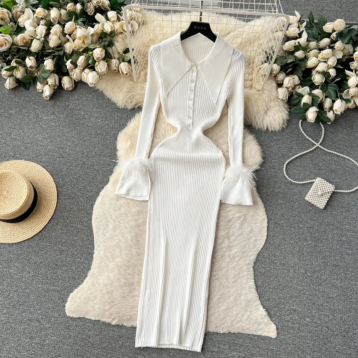 Fur Cuff Knit Wrap Bodycon Maxi Dress
