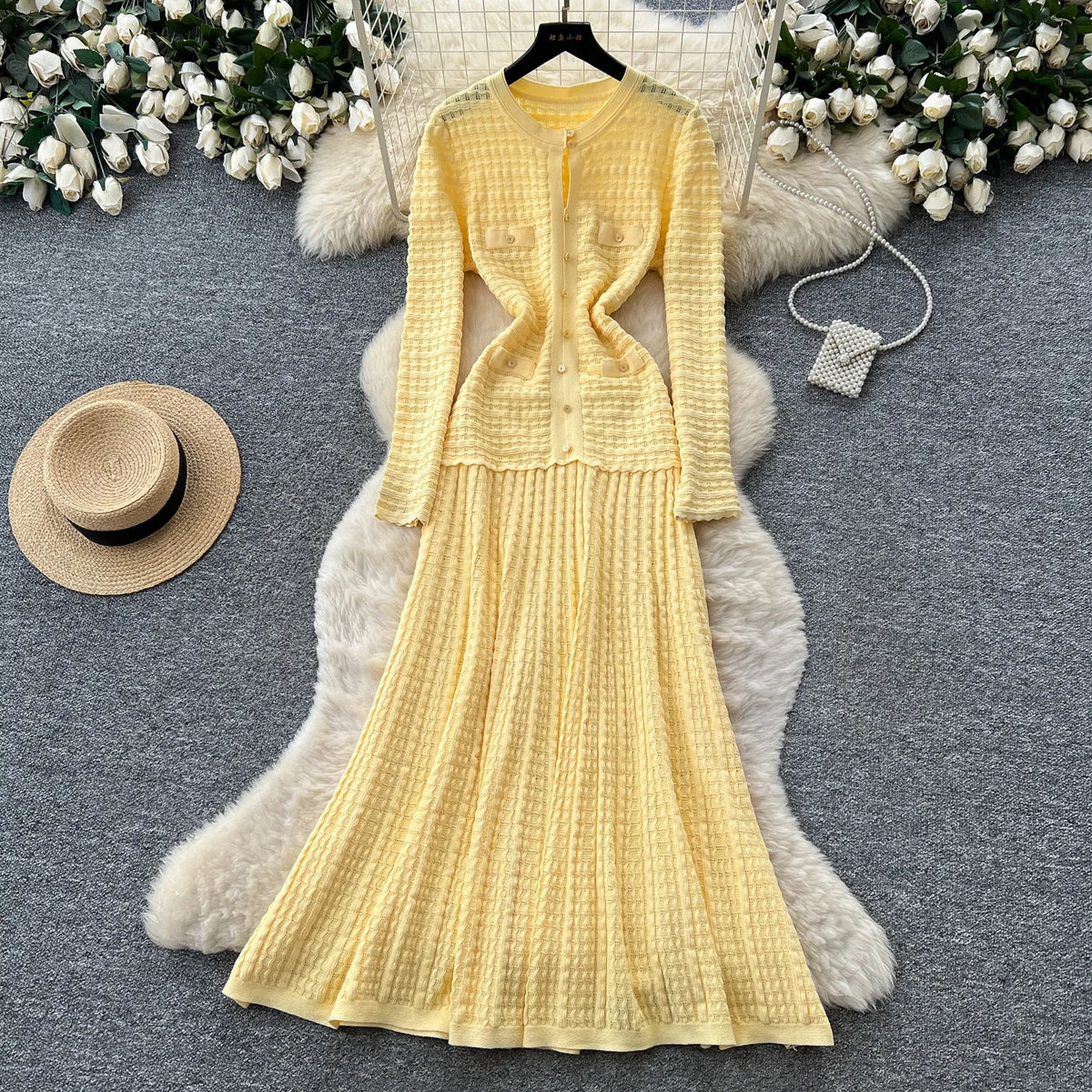 Pleated Tweed Knit A-Line Maxi Dress