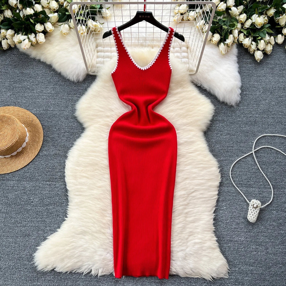 V-Neck Knit Bodycon Summer Dress