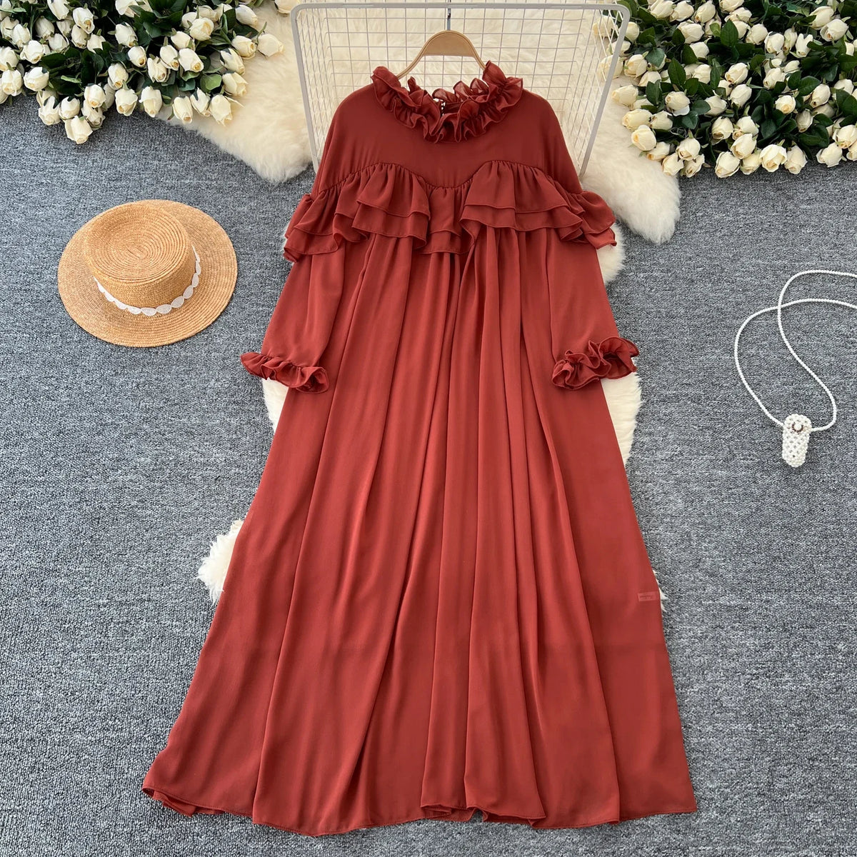 Pleated Chiffon Long Sleeve A-Line Dress