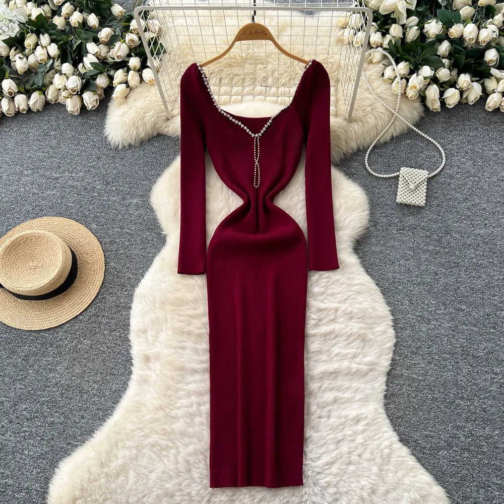 Rhinestone Long Sleeve Bodycon Maxi Dress