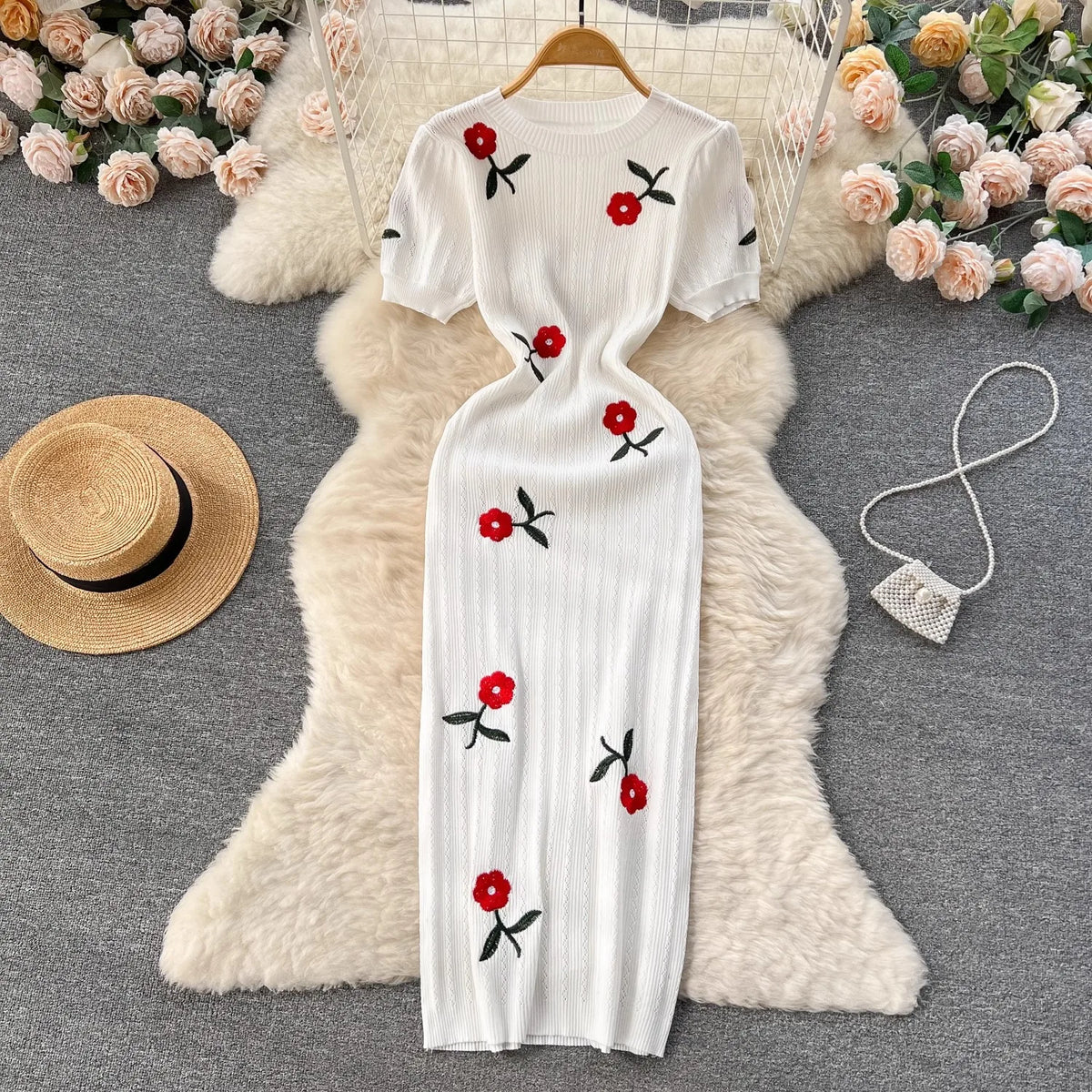 Embroidered Short Sleeve Knit Bodycon Dress