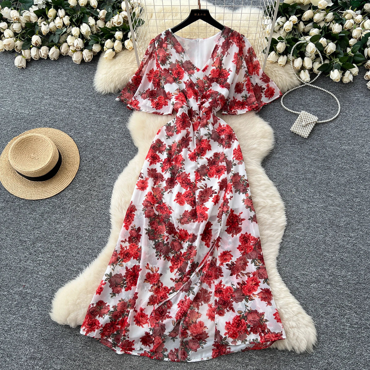Split V-Neck Short Sleeve Boho Dress
