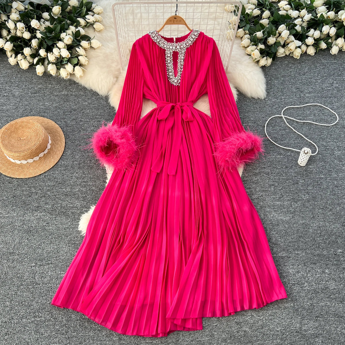 Rhinestone Plush Pleated Maxi Dress
